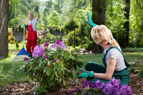 Gardener at work in a Knightsbridge garden entrance
