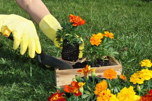 Separated green waste and recyclables bins in urban garden